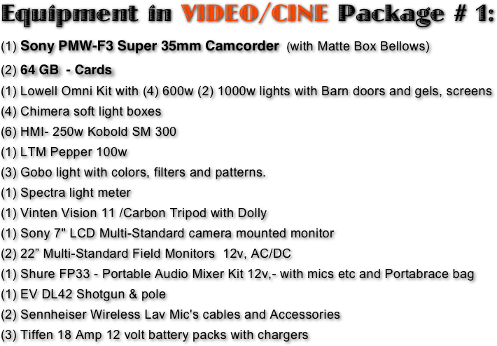 Equipment in VIDEO/CINE Package # 1: 
(1) Sony PMW-F3 Super 35mm Camcorder  (with Matte Box Bellows)
(2) 64 GB  - Cards
(1) Lowell Omni Kit with (4) 600w (2) 1000w lights with Barn doors and gels, screens
(4) Chimera soft light boxes 
(6) HMI- 250w Kobold SM 300 
(1) LTM Pepper 100w 
(3) Gobo light with colors, filters and patterns. 
(1) Spectra light meter  
(1) Vinten Vision 11 /Carbon Tripod with Dolly  
(1) Sony 7" LCD Multi-Standard camera mounted monitor 
(2) 22” Multi-Standard Field Monitors  12v, AC/DC
(1) Shure FP33 - Portable Audio Mixer Kit 12v,- with mics etc and Portabrace bag 
(1) EV DL42 Shotgun & pole 
(2) Sennheiser Wireless Lav Mic's cables and Accessories 
(3) Tiffen 18 Amp 12 volt battery packs with chargers  